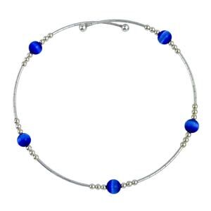 Blue Cat’s Eye Memory Wire Bracelet | Vintage Sterling Silver | 7.5” Adjustable